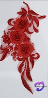 RED - Lace Applique Motif - 3D 3 Flower Feather Tail