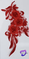 RED - Lace Applique Motif - 3D 3 Flower Feather Tail
