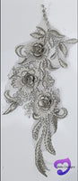 SILVER - Lace Applique Motif - 3D 3 Flower Feather Tail