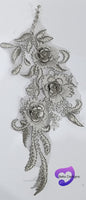 SILVER - Lace Applique Motif - 3D 3 Flower Feather Tail