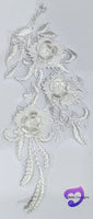 WHITE - Lace Applique Motif - 3D 3 Flower Feather Tail