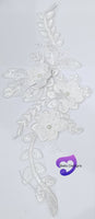 WHITE - Lace Applique Motif - 3D 3 Flower Glitter