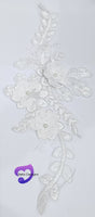 WHITE - Lace Applique Motif - 3D 3 Flower Glitter