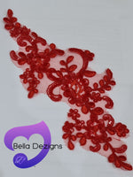 RED - Lace Applique Motif - Sequined Bridal Flower