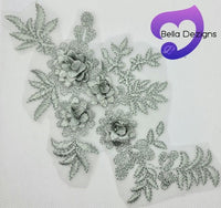 DARK SILVER GREY - Lace Applique Motif - 3D 4 Flower