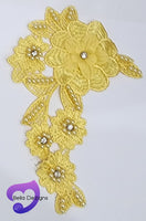 YELLOW - Lace Applique Motif - 3D 5 Flower Pearl