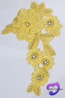 YELLOW - Lace Applique Motif - 3D 5 Flower Pearl