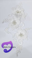 WHITE - Lace Applique Motif - 3D 3 Flower Pearl

