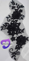 BLACK - Lace Applique Motif - 3D 3 Flower Swirl

