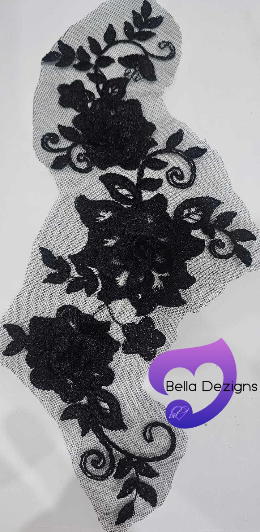 BLACK - Lace Applique Motif - 3D 3 Flower Swirl