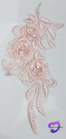 PINK - Lace Applique Motif - 3D 3 Flower Feather Tail
