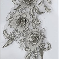 SILVER - Lace Applique Motif - 3D 3 Flower Feather Tail