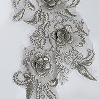 SILVER - Lace Applique Motif - 3D 3 Flower Feather Tail