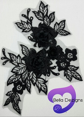 BLACK - Lace Applique Motif - 3D 3 Flower