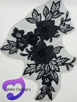 BLACK - Lace Applique Motif - 3D 3 Flower
