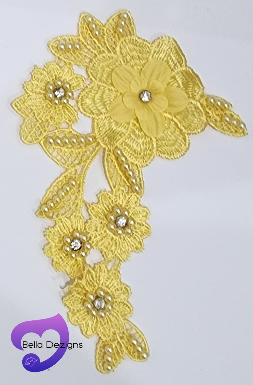 YELLOW - Lace Applique Motif - 3D 5 Flower Pearl